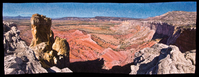 Carol Shinn, "Chimney Rock," 2010; freestyle machine embroidery, 16.5 x 43.5 inches. Jane Sauer Gallery, Santa Fe. Photo: Randy Shinn.