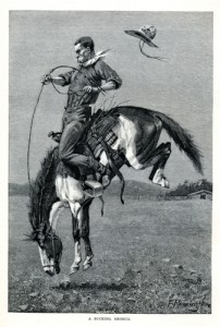 "A Bucking Bronco," Frederic Remington, wood engraving, 6 x 4 inches; â€œThe Home Ranch,â€ The Century Magazine, March, 1888.